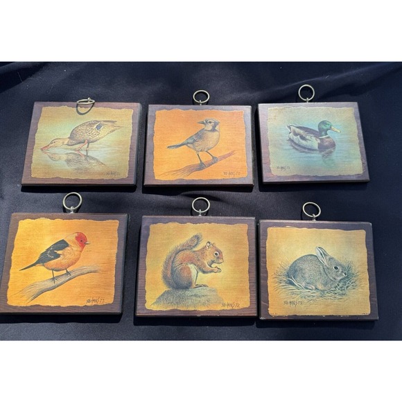 Rare Set Of 6 Bob Haynes Litho On Wood Hanging Plaques Dated 1972 MCM -S82